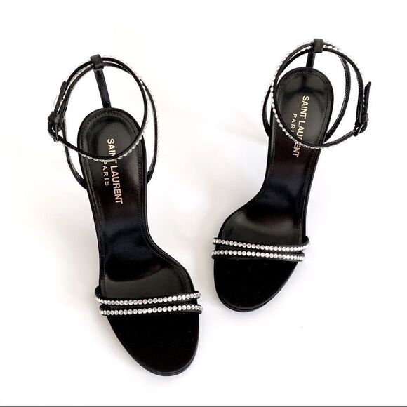 ⭕️ YSL SAINT LAURENT Sandals Crystals Black Robin Heels Designer Shoes - Picture 6 of 10
